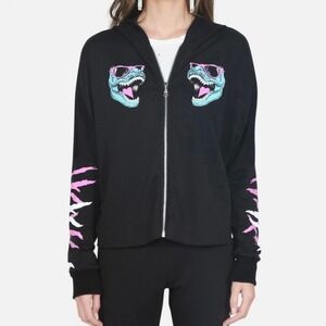 LAUREN MOSHI T-Rex Zip Up Hoodie Women XL Black Dinosaur Graphic Cropped Edgy